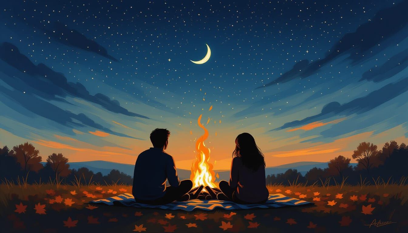Impressionist Bonfire Under Starry Autumn Sky