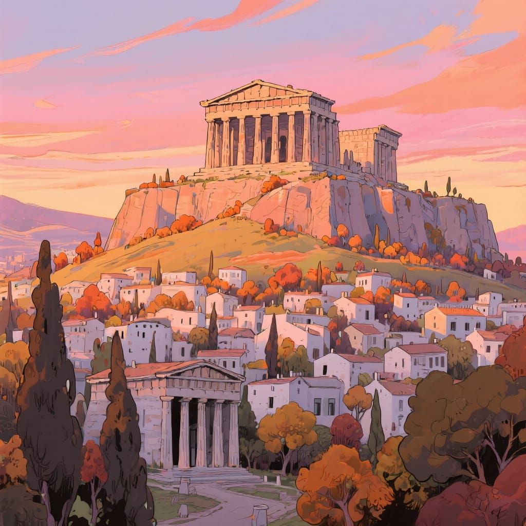 Acropolis Sunset: Cartoon Drawing in Miyazaki Style