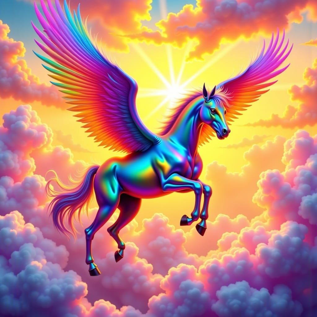 Rainbow Pegasus Soaring in Sunrise Sky