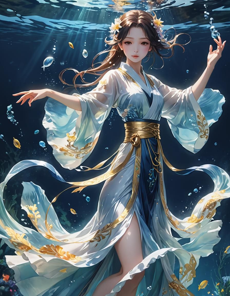 Underwater Dance in Flowing Robes: 3D Anime Art