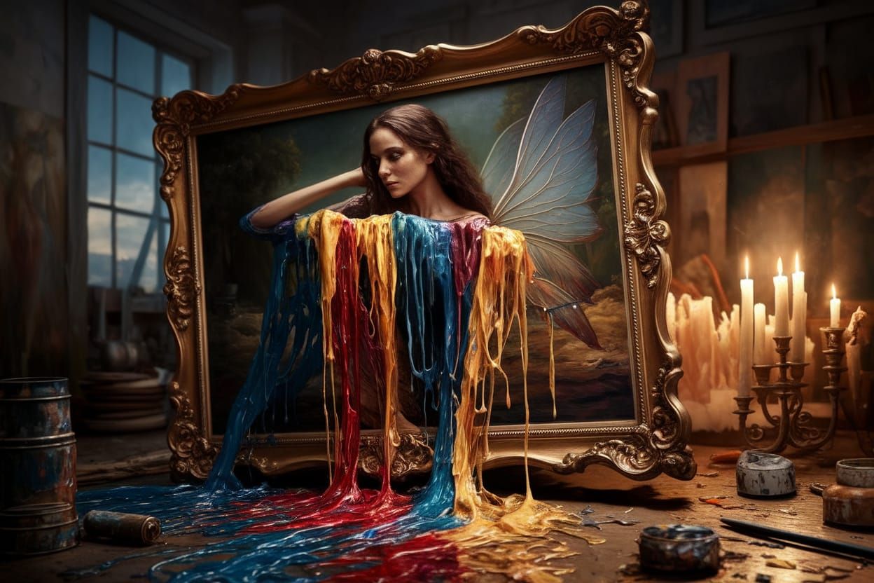 Surreal Scene of Fairy Emerging from Canvas in Oil Painting ...