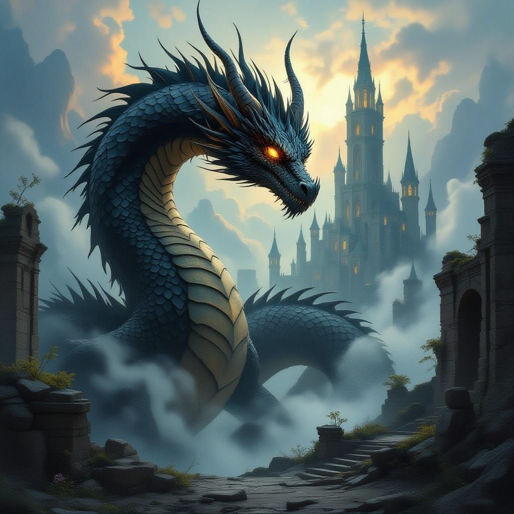 Ancient Dragon Coiled Around Elven City Ruins
