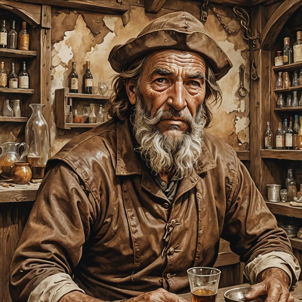 Weathered Sailor in Tavern: Brunaille Style Monochromatic Ar...