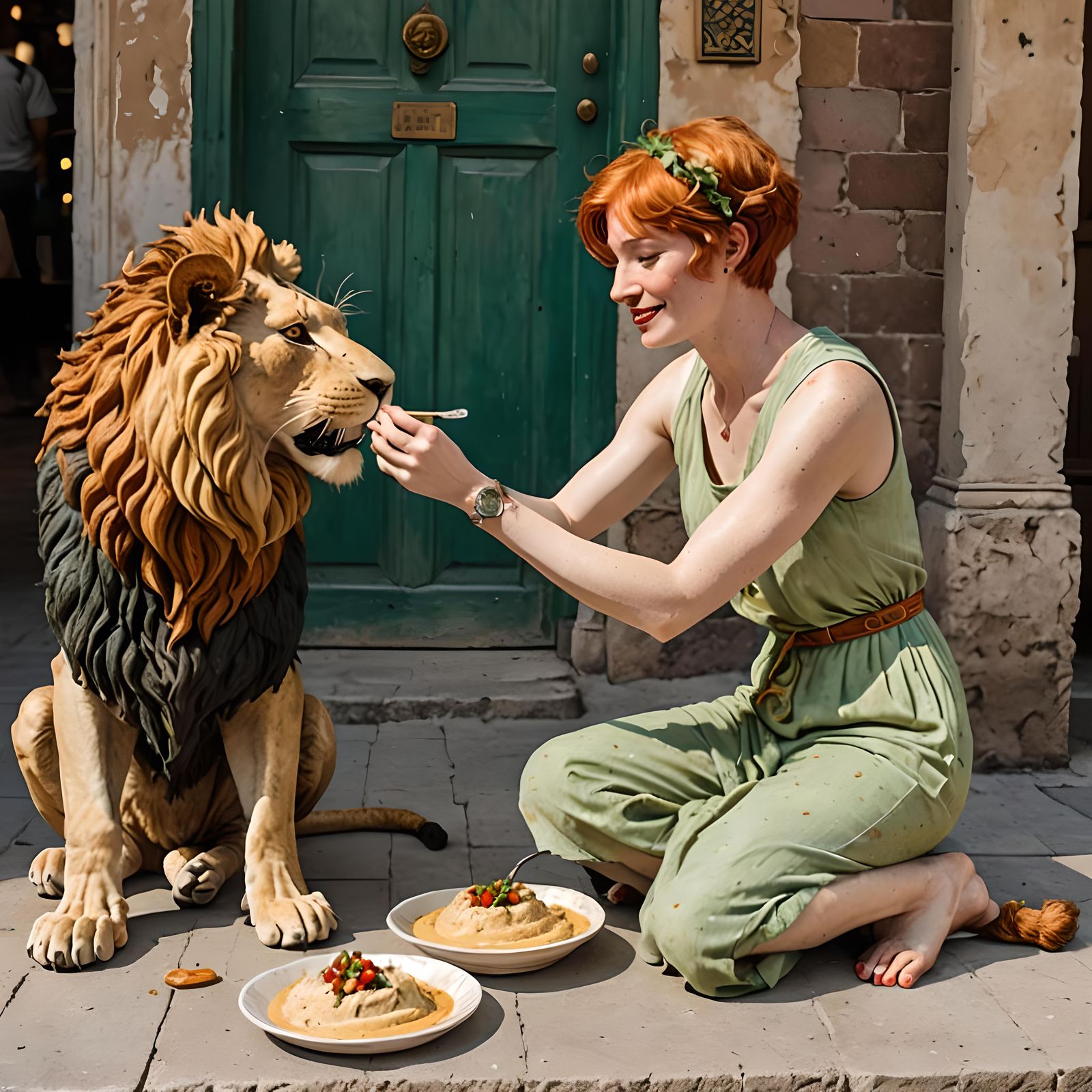 Girl Feeds Lion in Majolica Style