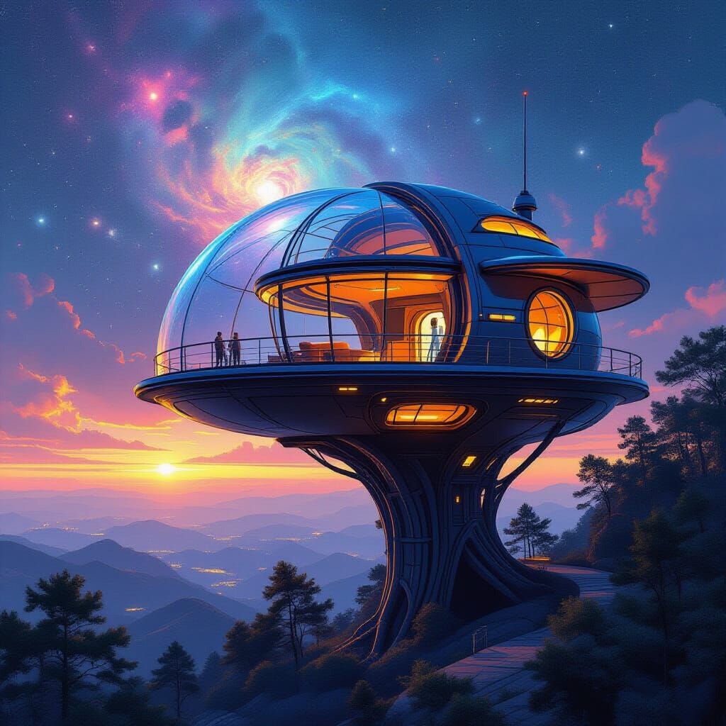 Futuristic Treehouse Observatory with Glass Dome
