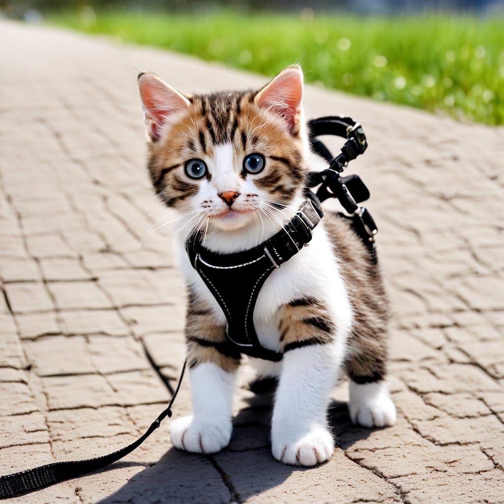 Cute Kitten on a Leash in a Peaceful Outdoor Setting