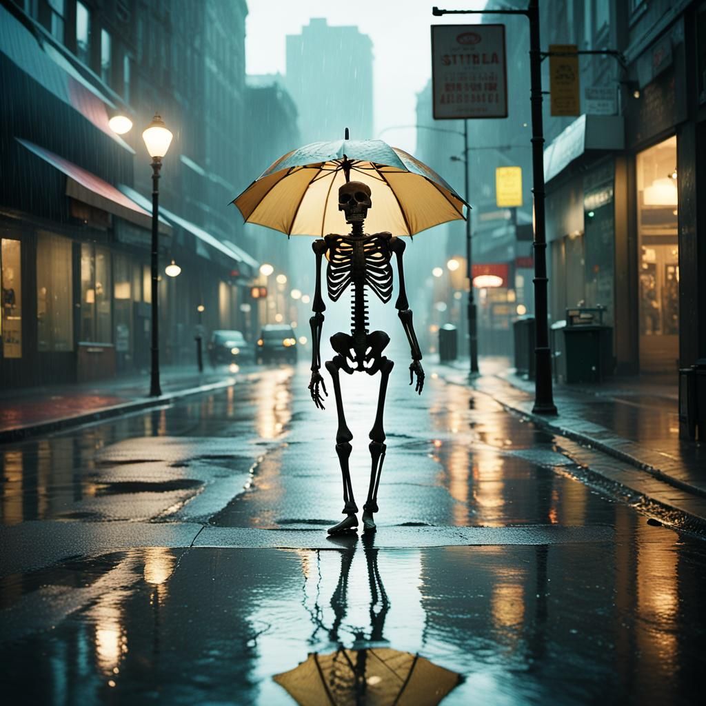 Skeleton Under Umbrella in Rainy City Street