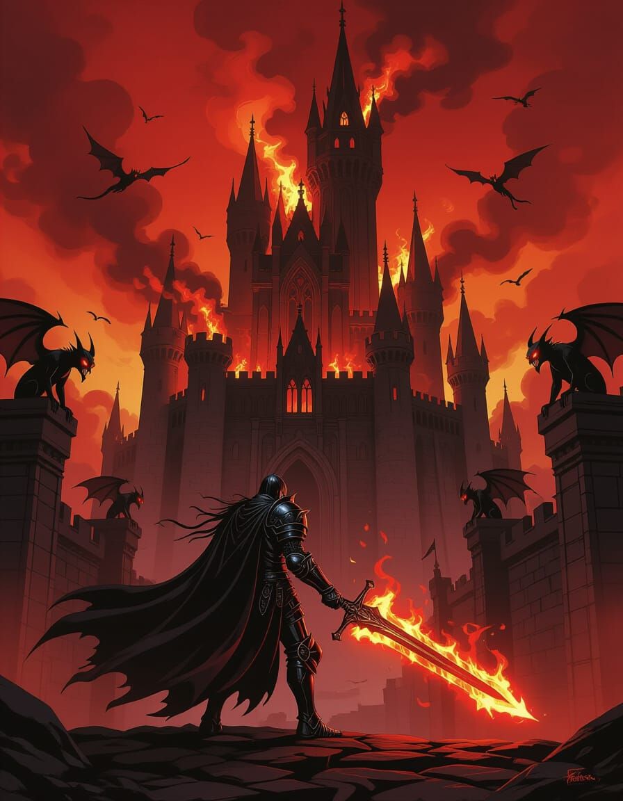 Valiant Knight Battles Hellish Castle in Dark Fantasy Art