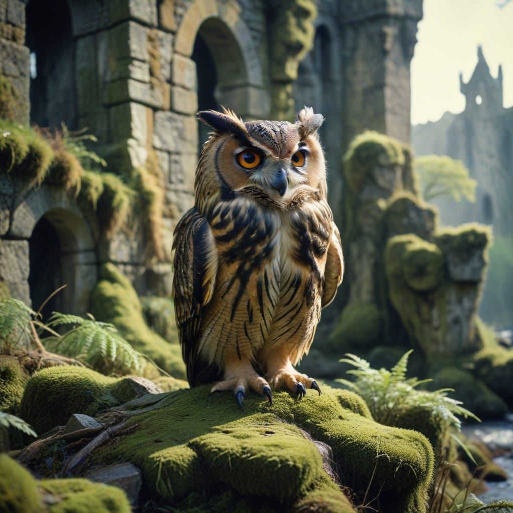 Eagle Owl in Mossy Castle: Watercolor Painting