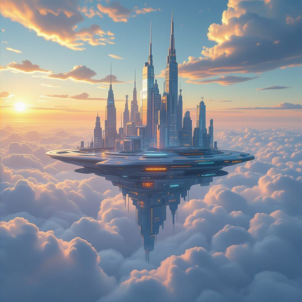 Hyperrealistic Cyberpunk City Floating on Clouds