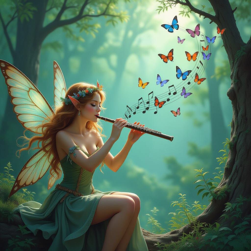 Fairy Playing Flute, Magical Butterflies Emerge in Forest