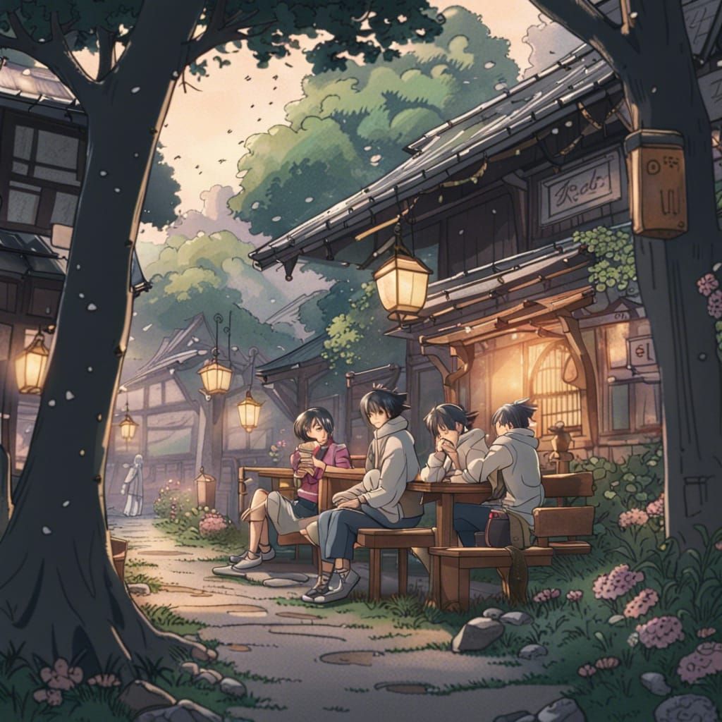 J-Pop Band Relaxing Under Sakura Tree: Ghibli Style