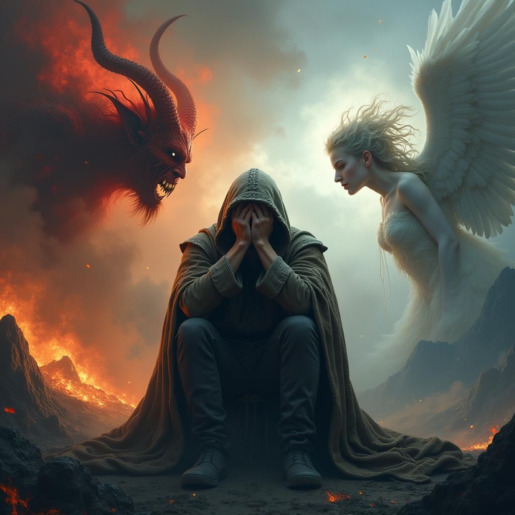 Man Torn Between Good and Evil in Apocalyptic Landscape