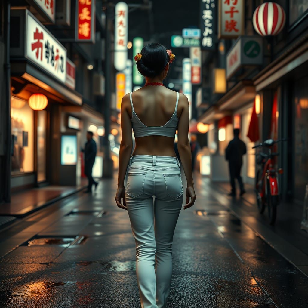 Geisha in Modern Tokyo Street, Photorealistic Style