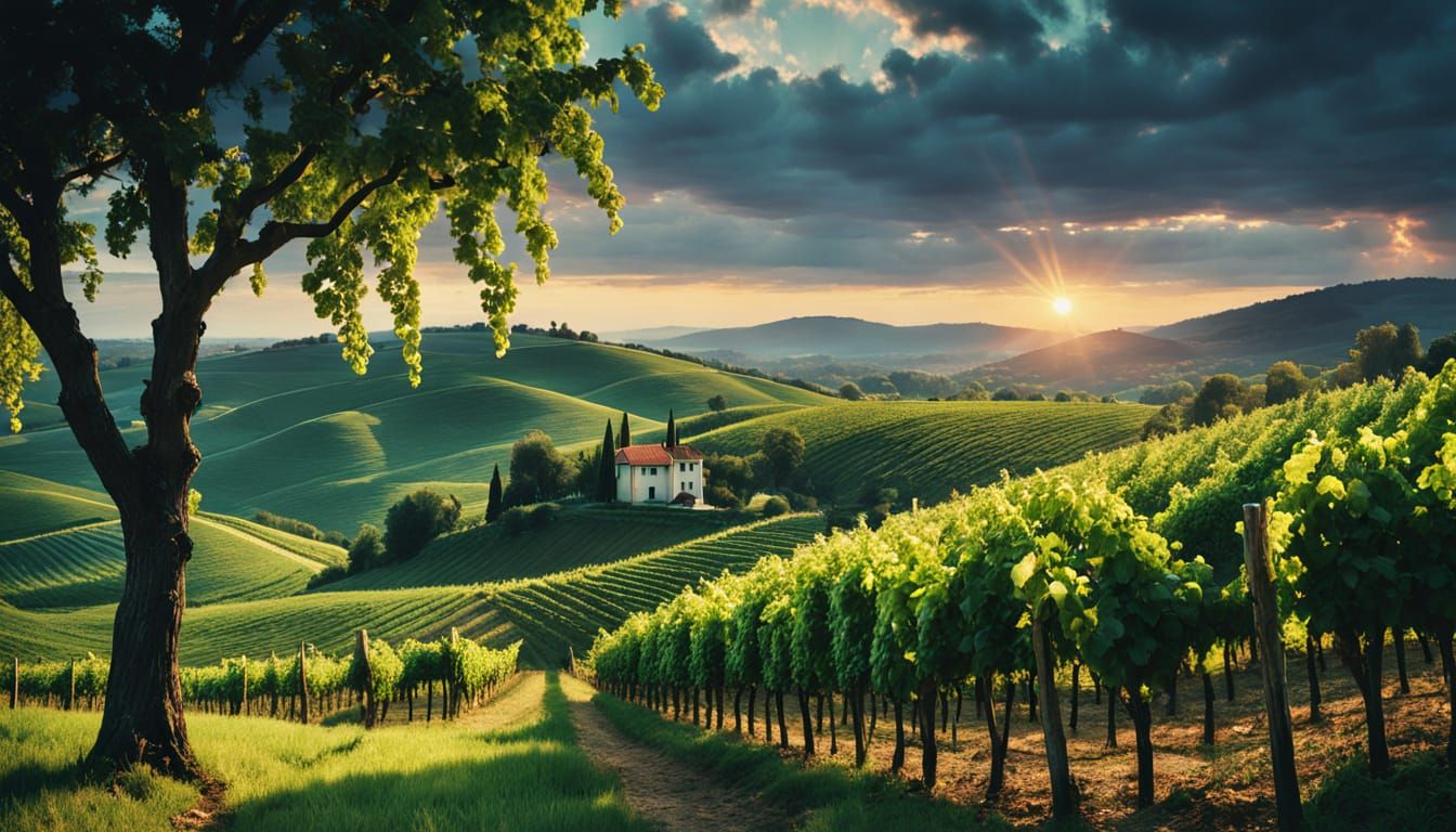 Lush Vineyard Landscape in Impressionist Style