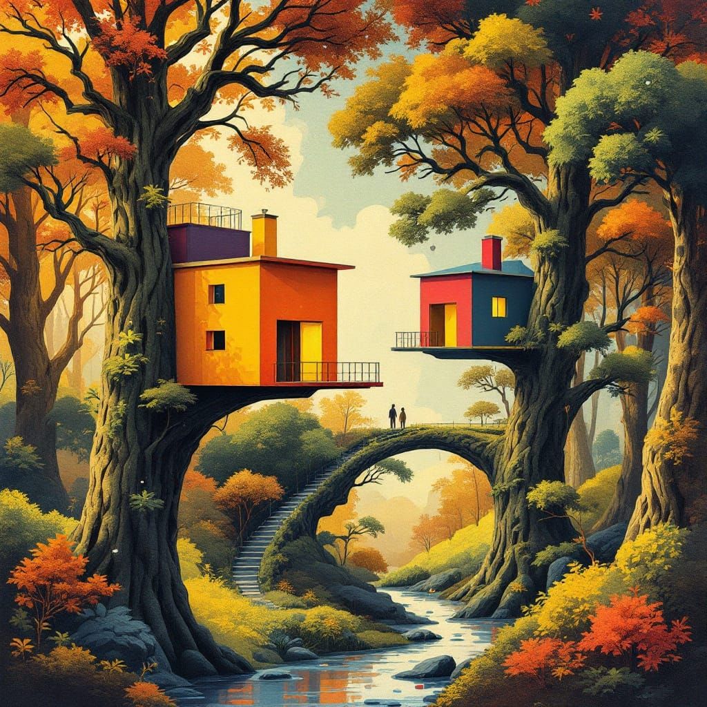 Cubist Treehouses in Vibrant, Abstract Landscape