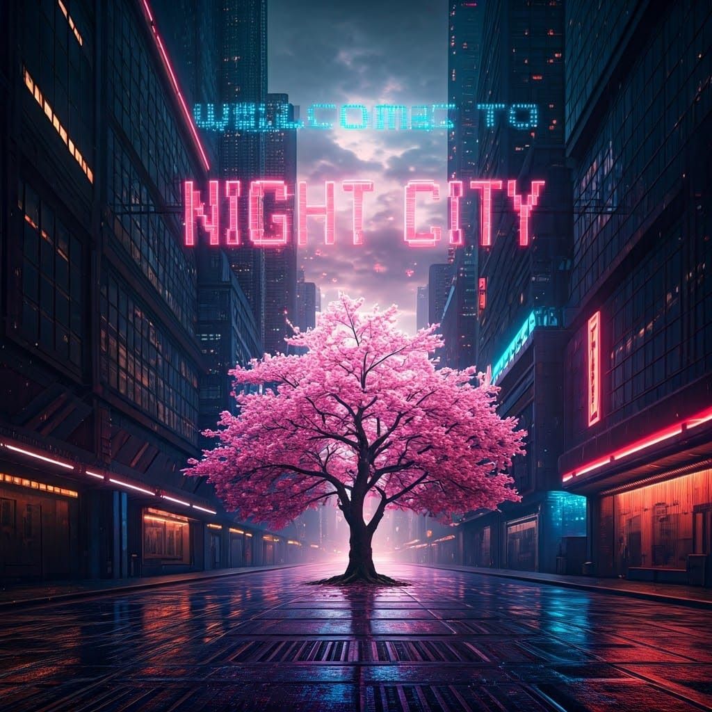 Cherry Blossom in Cyberpunk Neon Cityscape