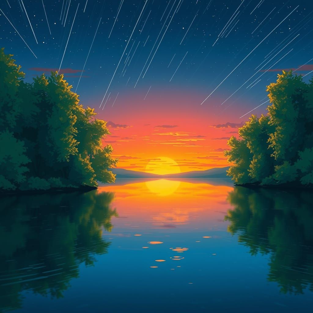 Surreal Sunset Scene with Stars and Serene Lake in Whimsical...