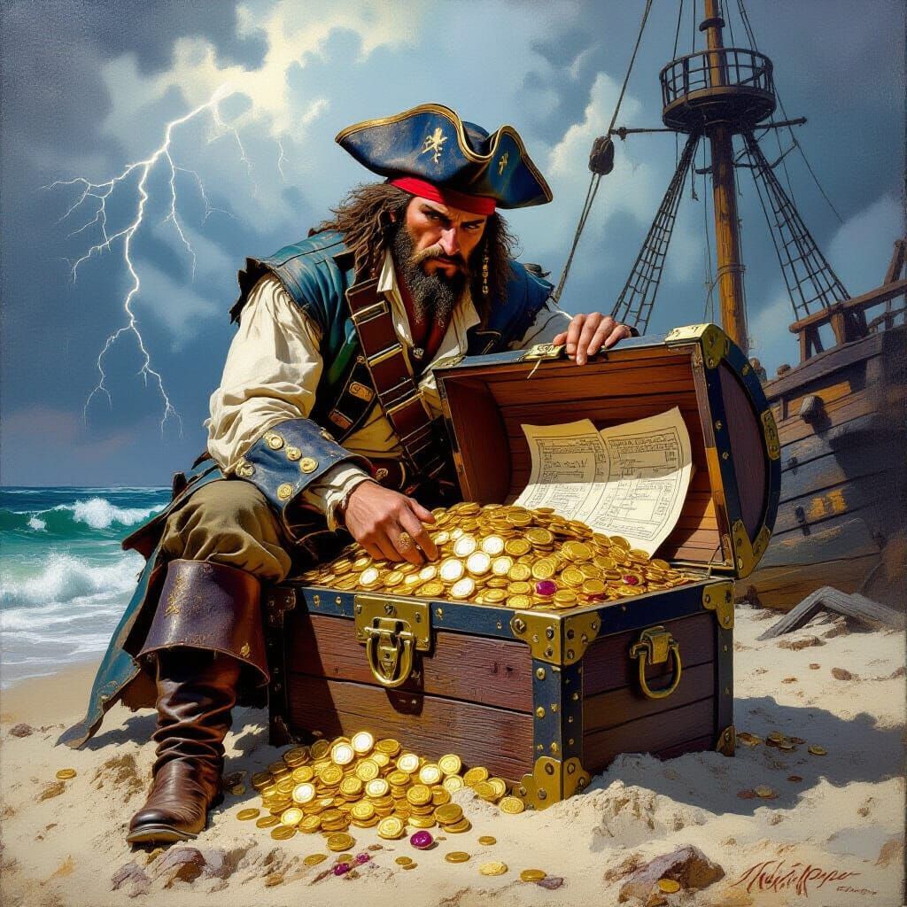 Pirate Captain Discovers Treasure as Oil Painting