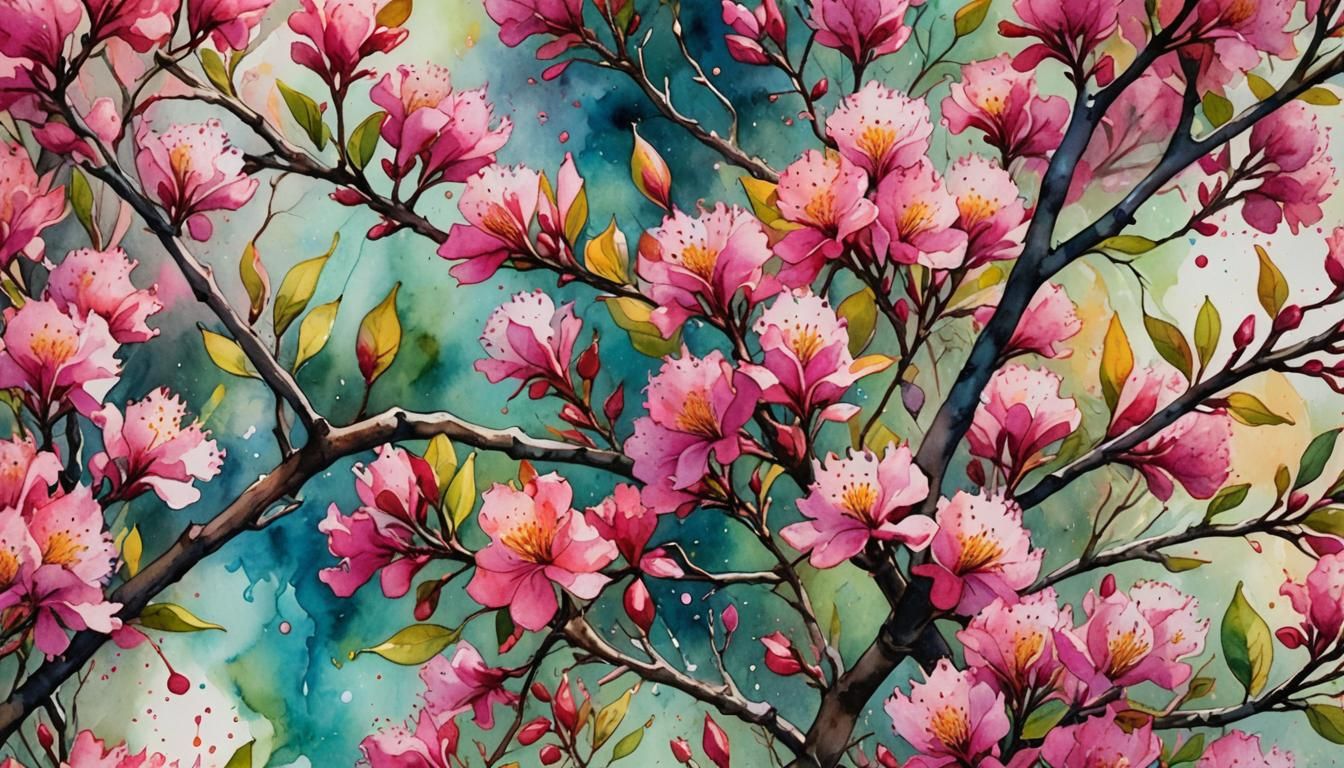 Vivid Watercolor Crepe Myrtle in Full Bloom