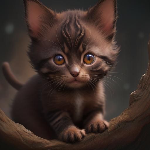 Cute Brown Kitten Hiding: Detailed Matte Painting