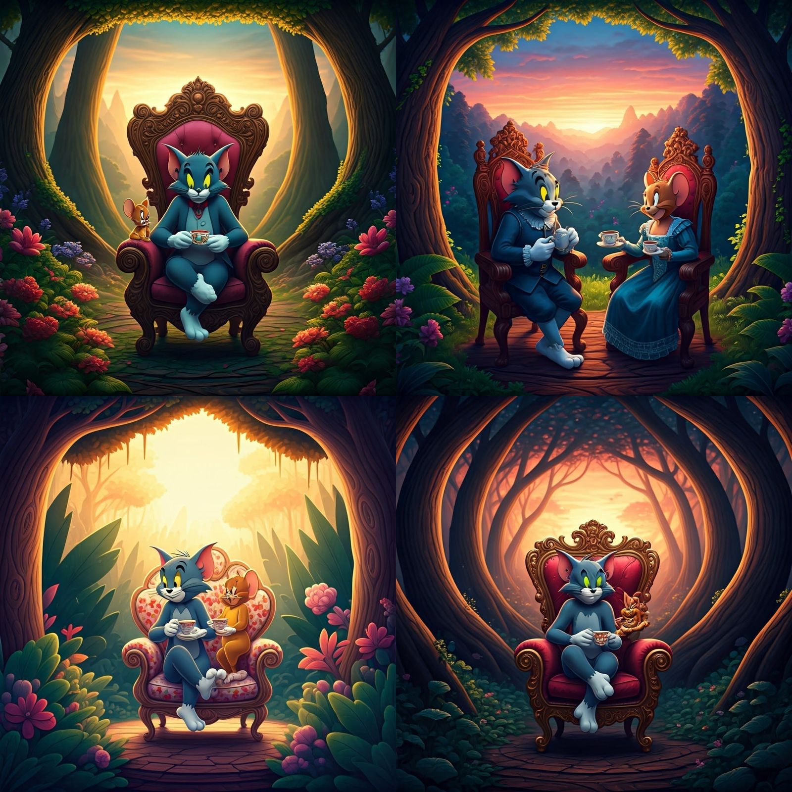 Tom and Jerry Drinking Tea at Sunset