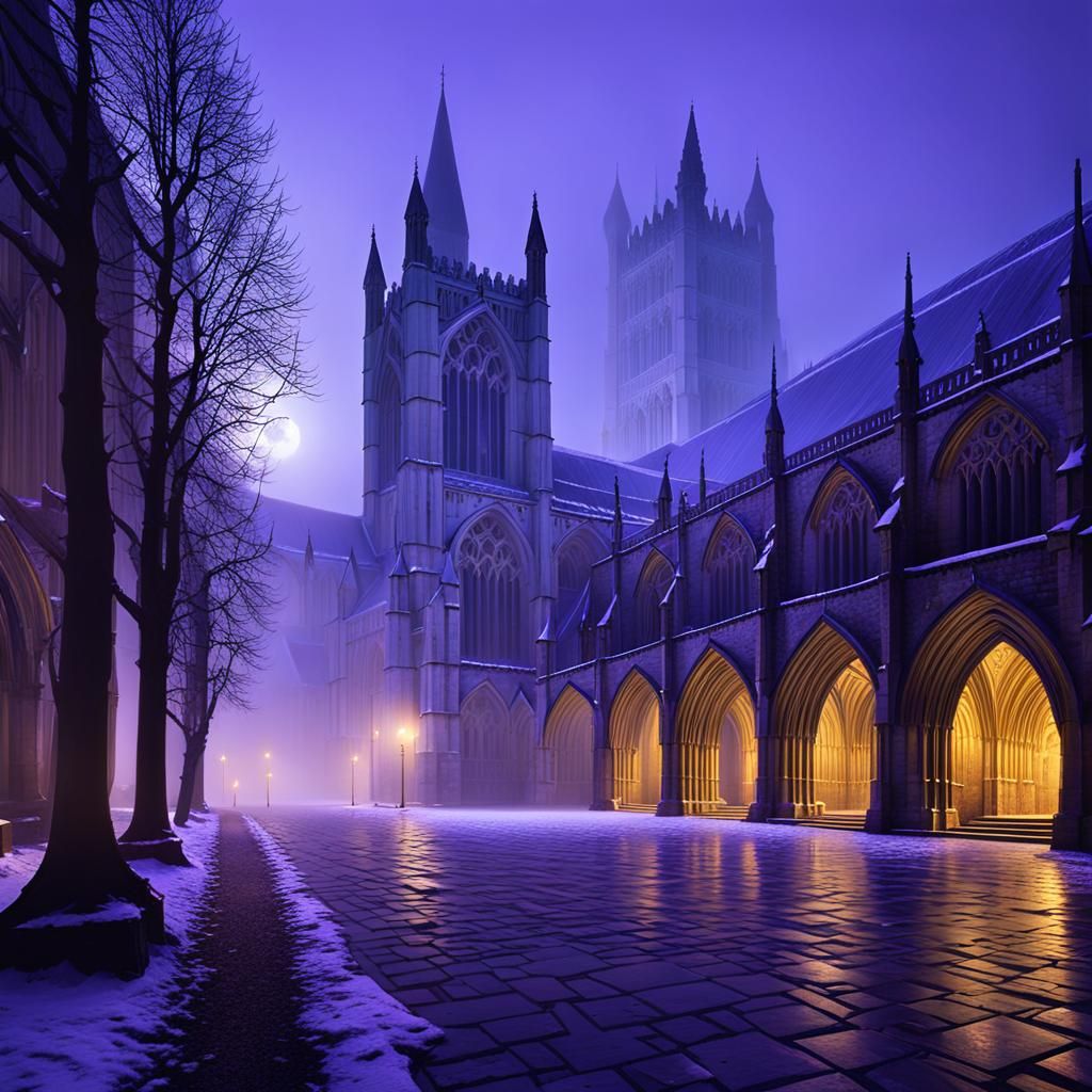 Icy Mist Shrouds Cathedral: Dark Fantasy Art