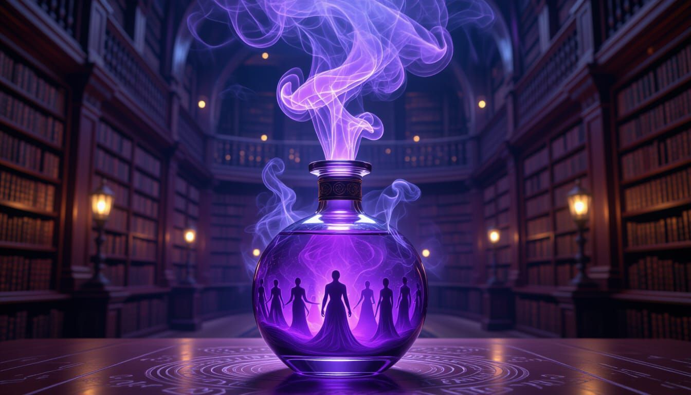 Mystic Violet Potion Emitting Smoky Figures