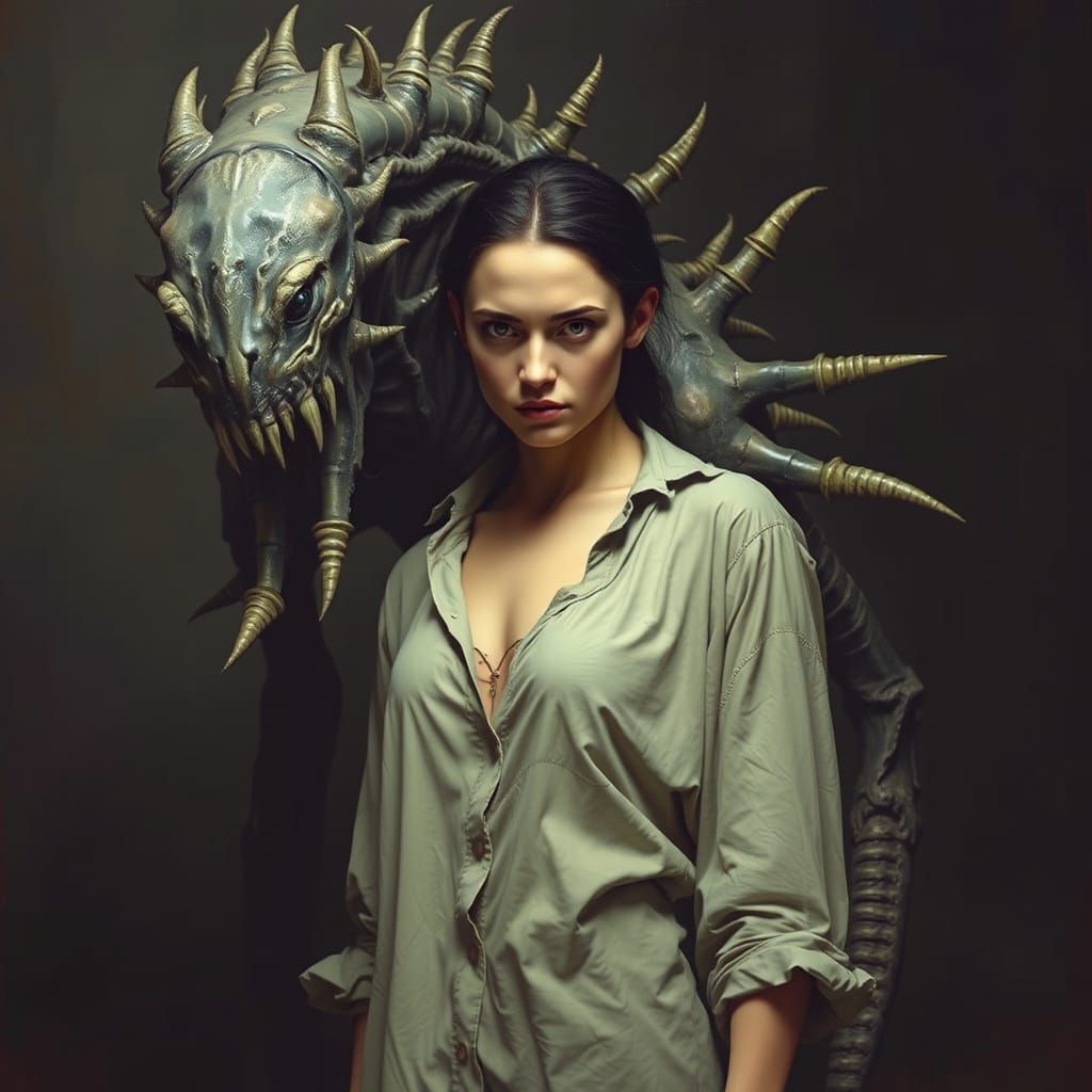 Eerie Woman with Spineblade Creature in Lovecraftian Style