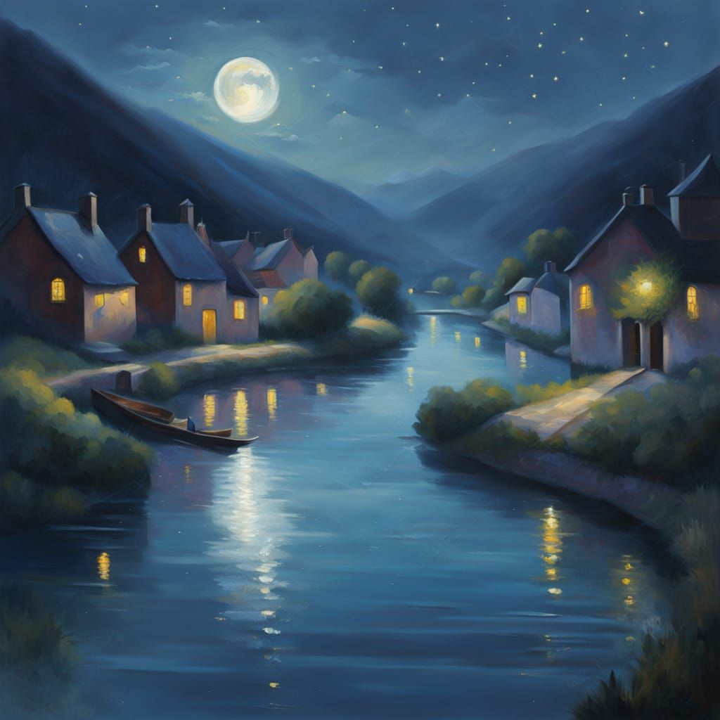 Serene Canal Village Under Bright Moonlit Sky