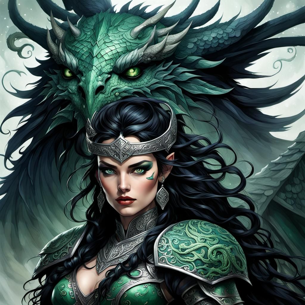 Viking Woman with Dragon Tattoos in Dark Fantasy Style