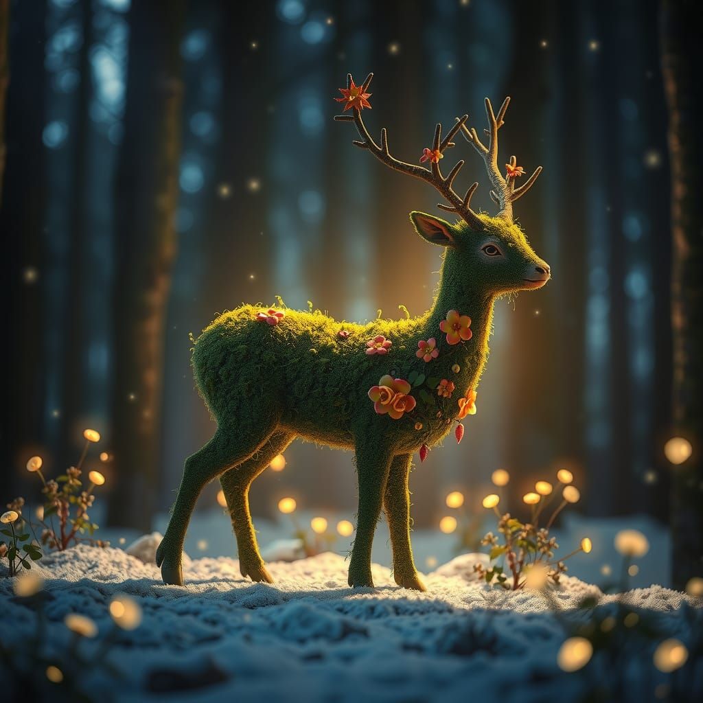 Giant Moss Deer Drifting Through Winter Forest
