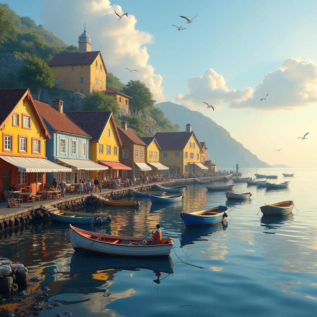 Charming Coastal Village Basks in Golden Hour Light