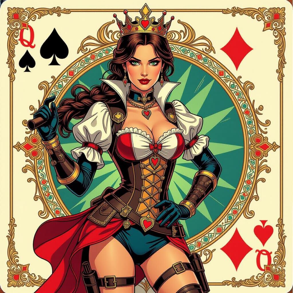 Lara Croft Queen of Hearts Playing Card, Art Nouveau Style
