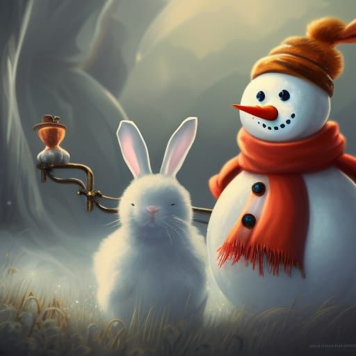 Snowman and Bunny Rabbit Fantasy Concept Art