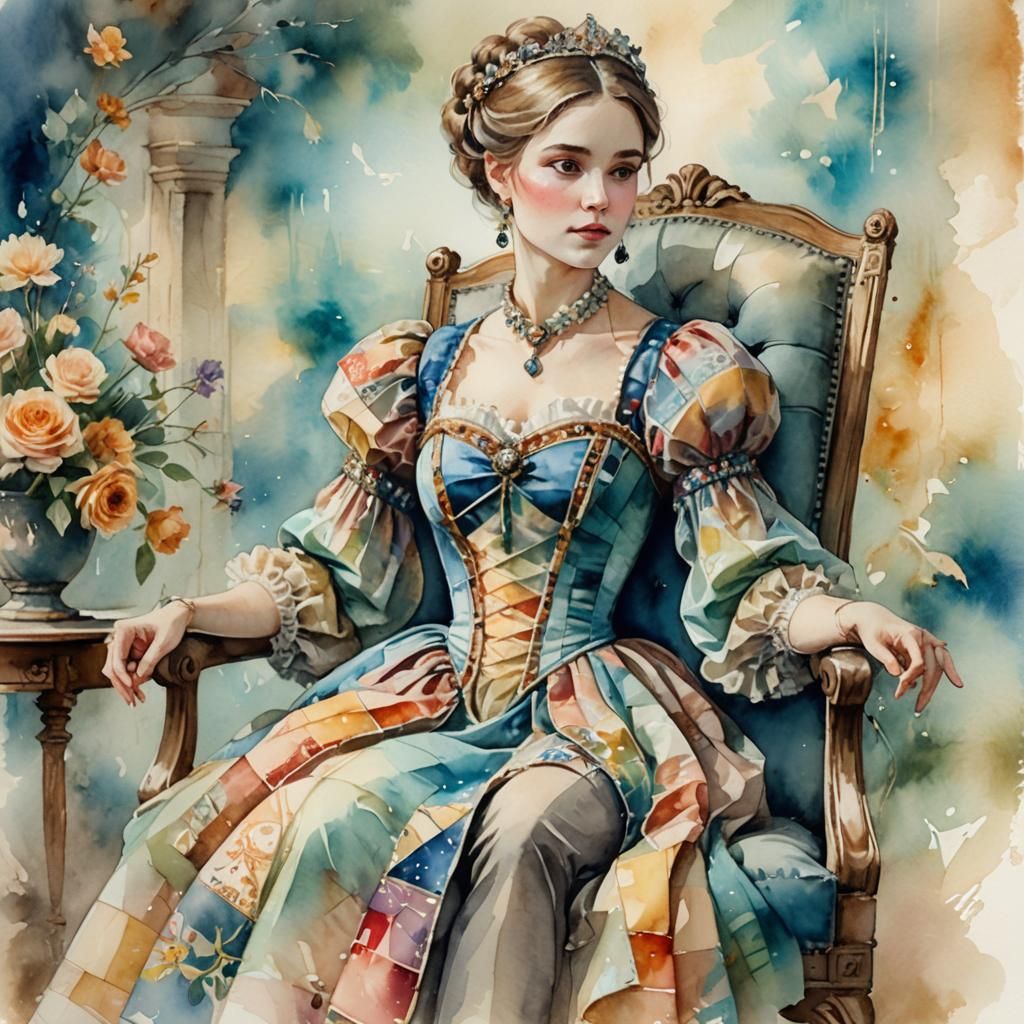 Watercolor Lady in Patchwork Dress with Bokeh