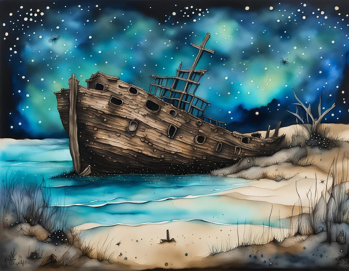 Ethereal Shipwreck Under Starry Sky as Mixed Media Art