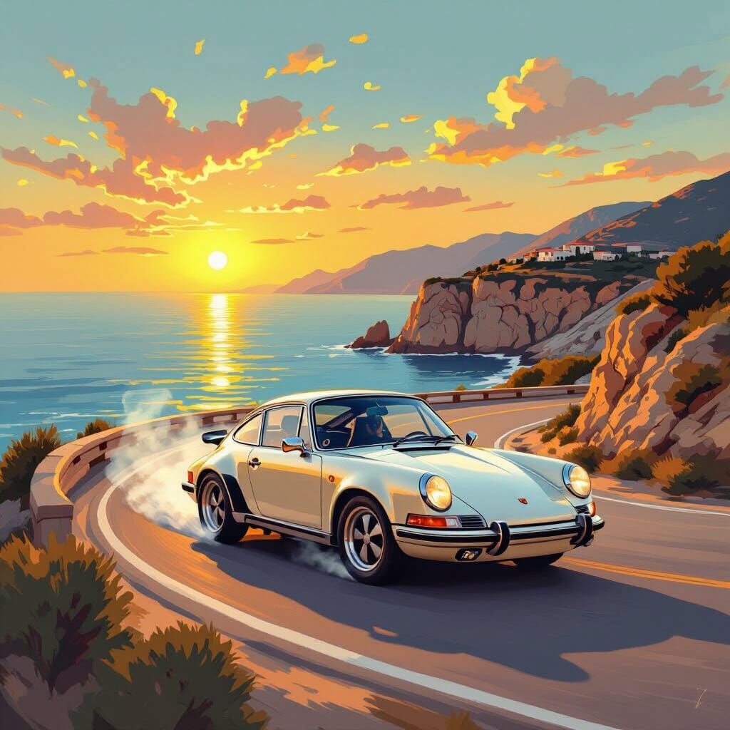 Porsche 911 Drifting on Coastal Road in Vintage Style