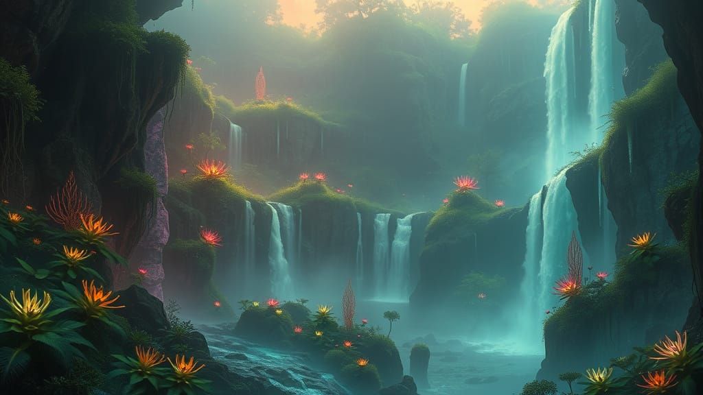 Bioluminescent Fantasy Realm with Obsidian Cliffs