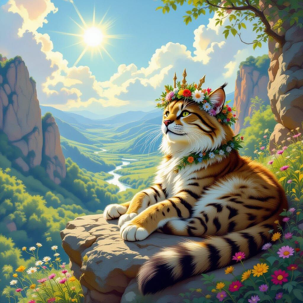 Saber-Toothed Cat with Wildflower Crown in Art Nouveau Style
