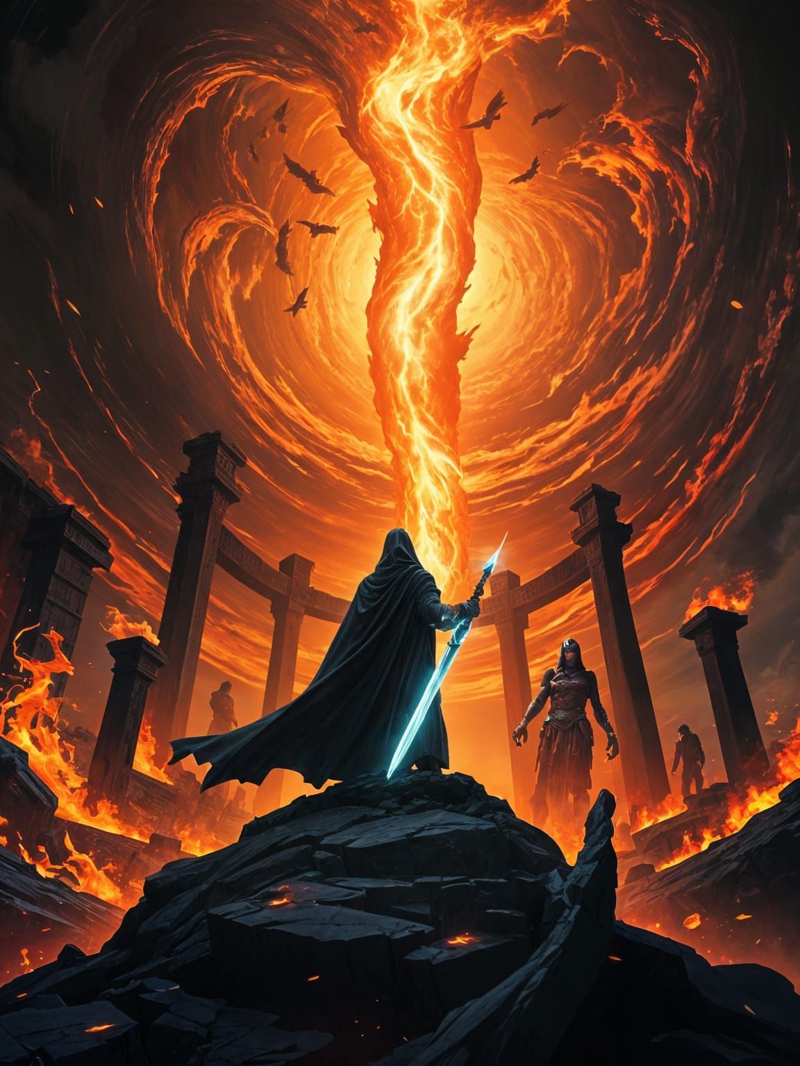 Hero Against Underworld Onslaught: Digital Fantasy Art