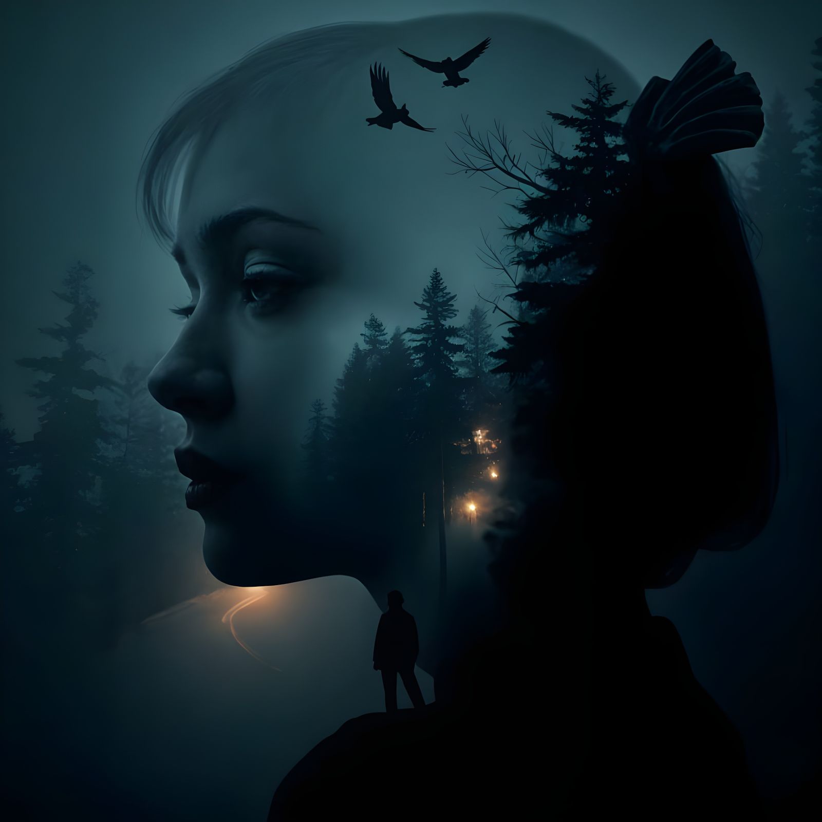 Ethereal Woman Stands in Haunting Forest Scene