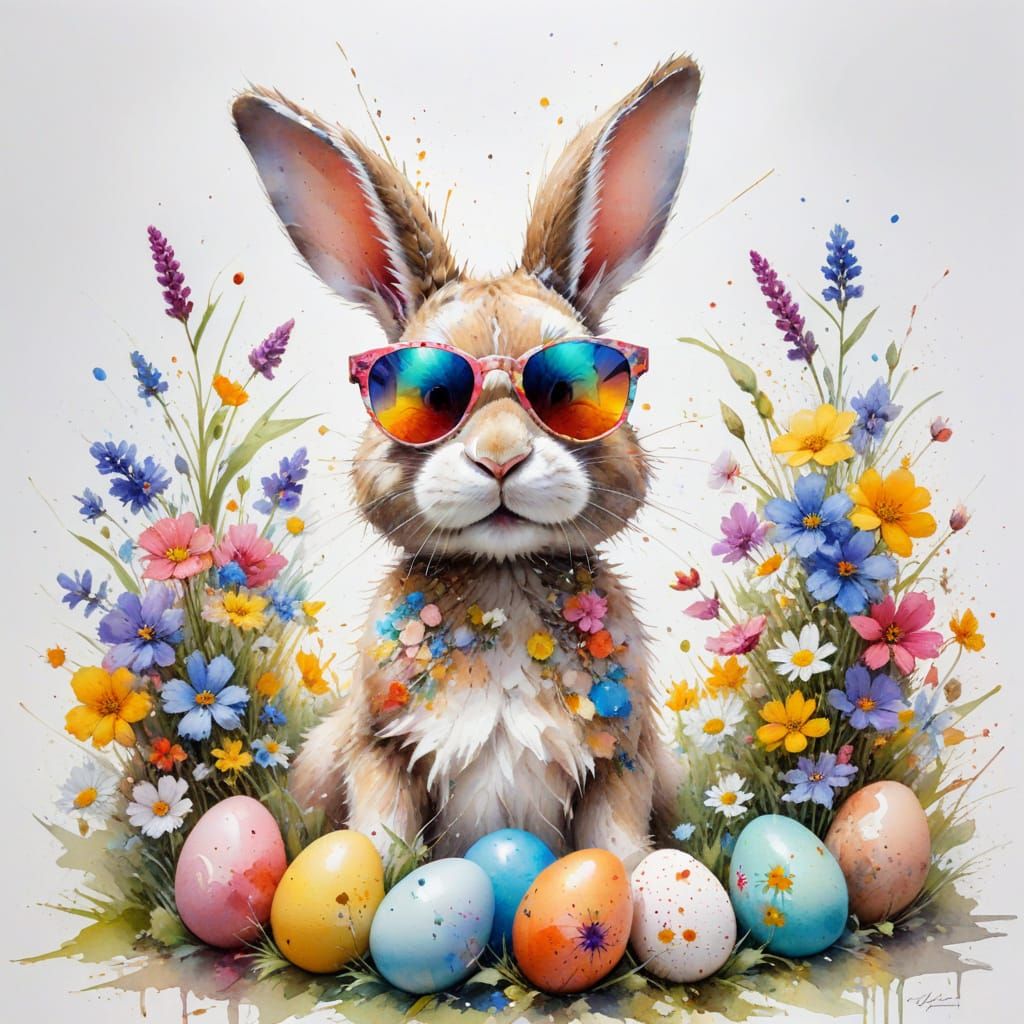 Urban Easter Bunny Amidst Blooming Wildflowers in Vibrant Wa...