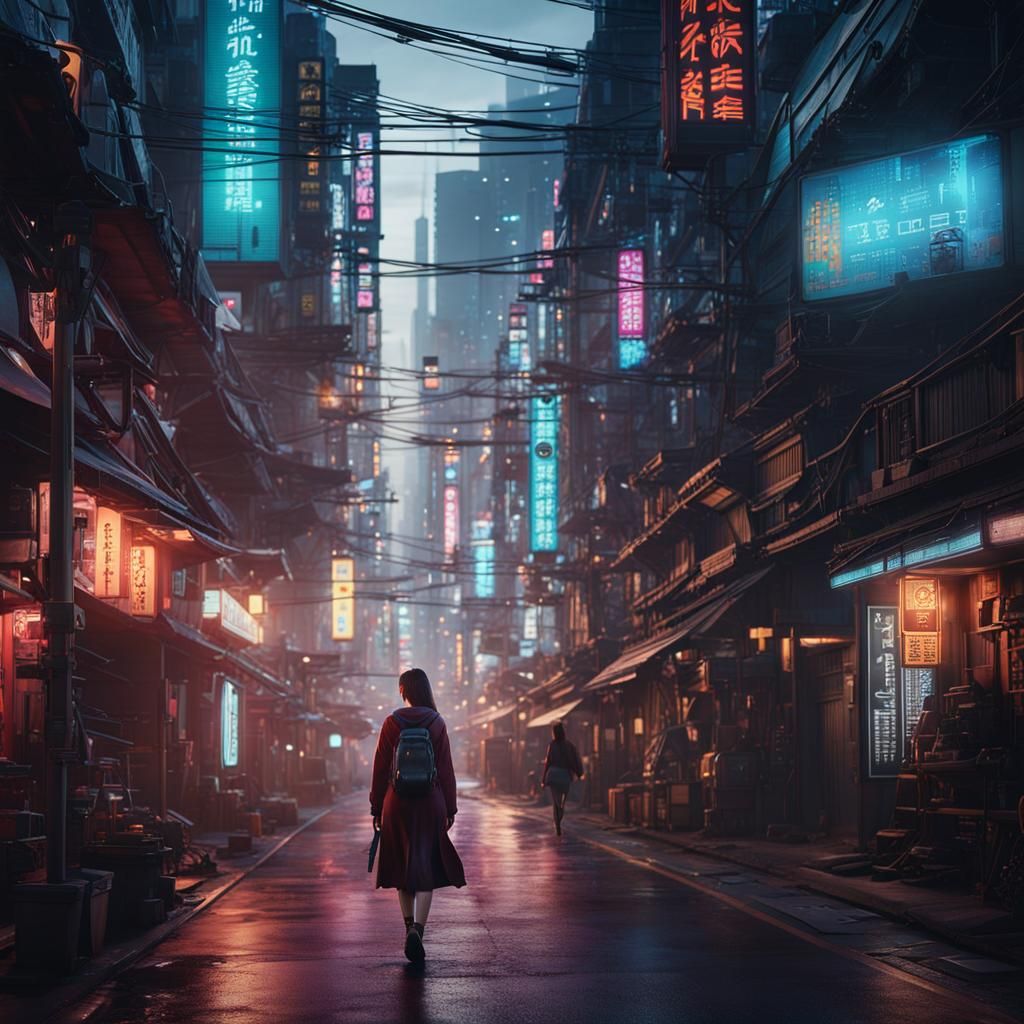 Cyberpunk City Street Scene at Night