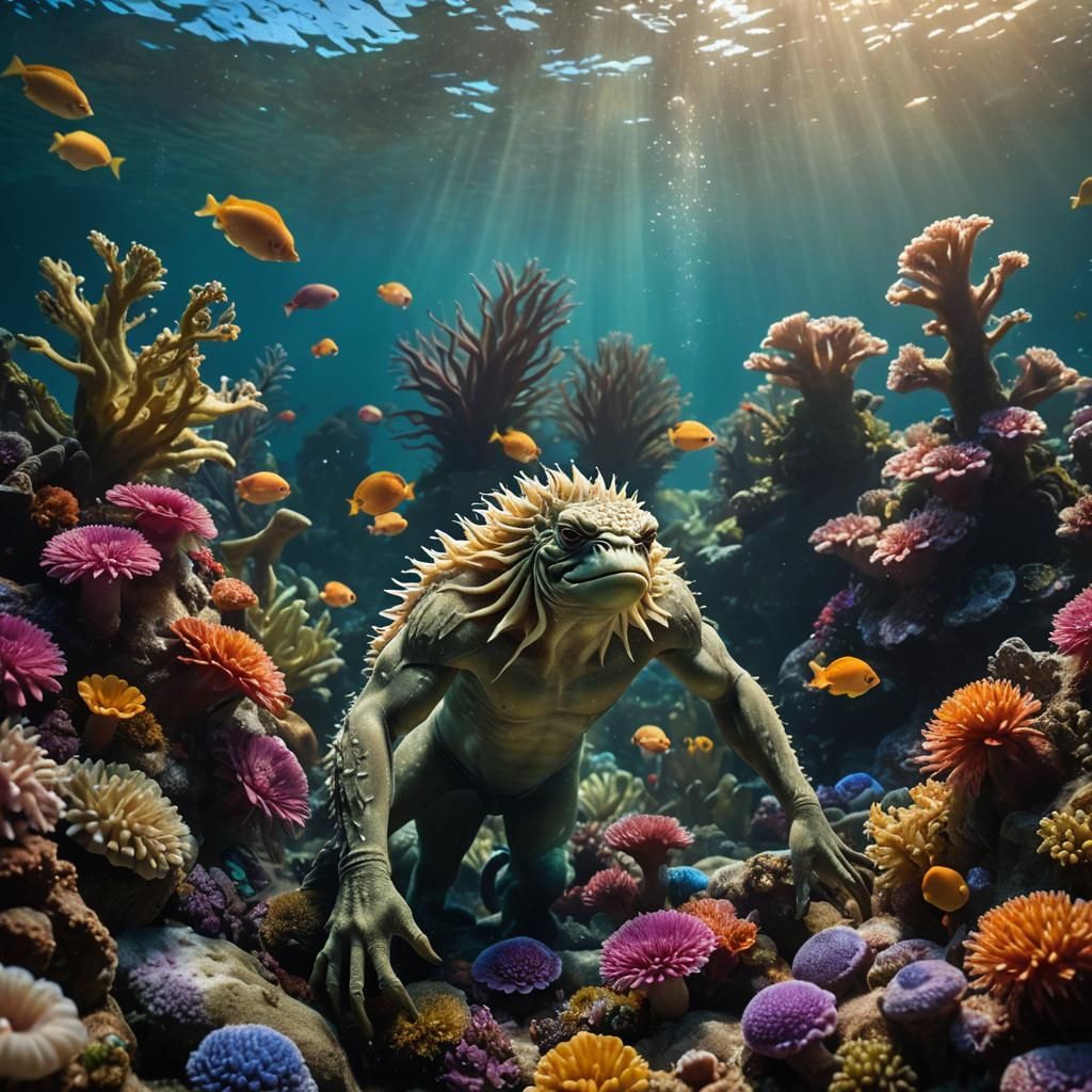 Merman Monster in Underwater Photo, Hyperrealistic Digital A...