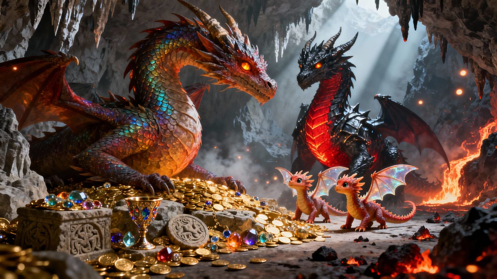 Majestic Dragon Family in Fiery Lair