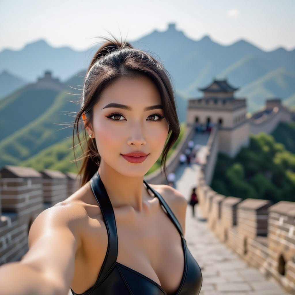 Chinese Woman Selfie at Great Wall with Bokeh