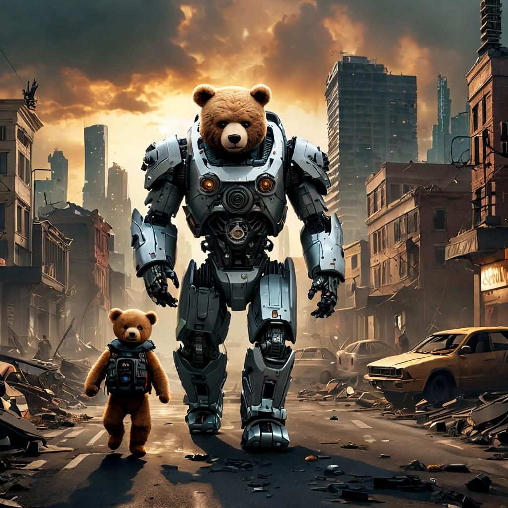 Cyborg Teddy Bear Leads Child Through Apocalypse