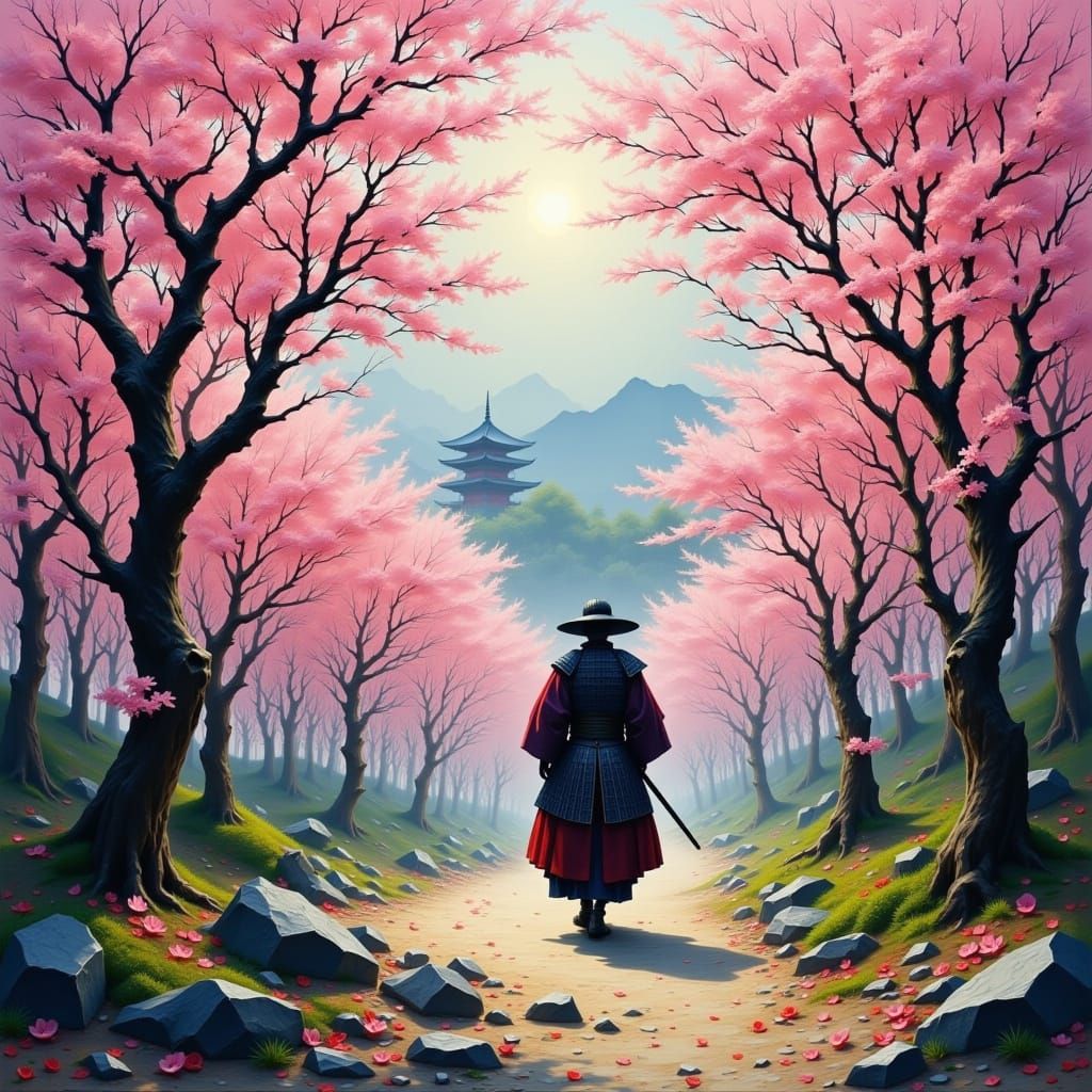 Samurai Walks Through Cherry Blossom Grove