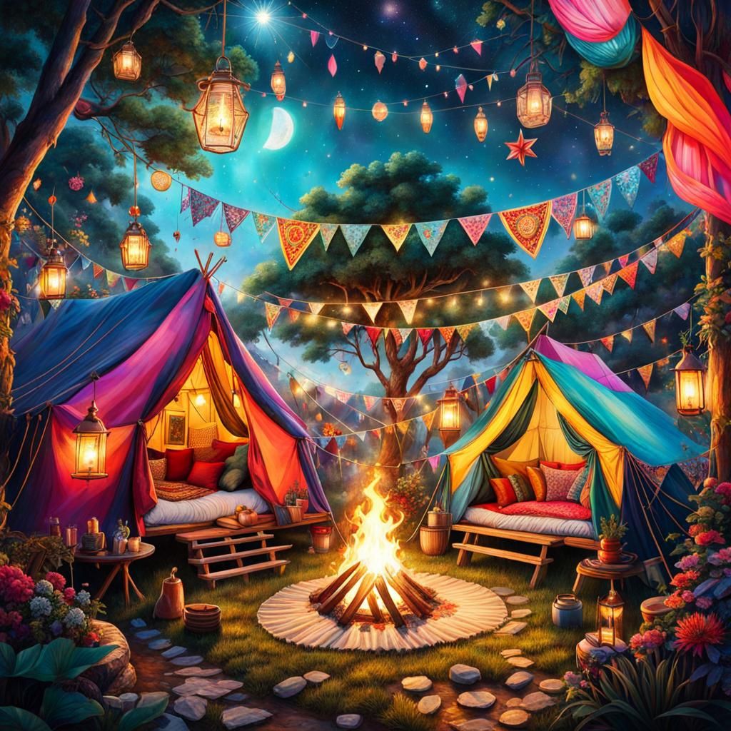 Colorful Gypsy Campsite with Ornate Tent in Graffiti Art